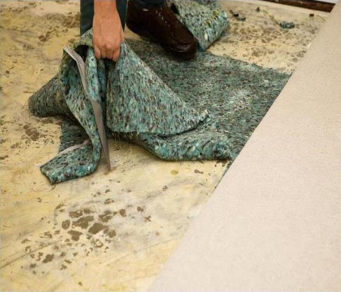 Technicians removing carpet padding