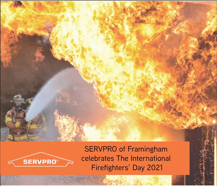 Firefighters in background with orange box and SERVPRO logo