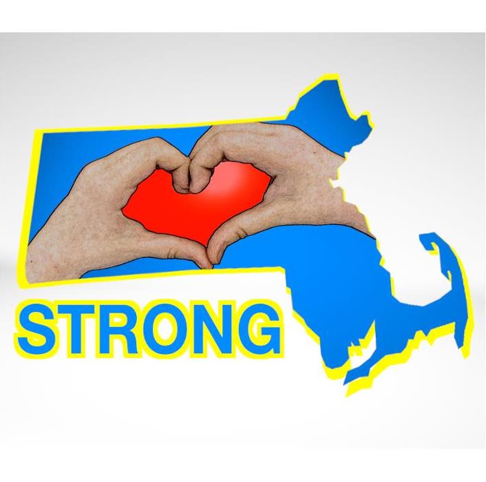 Image of state of Massachusetts with hands forming a heart and text; Strong 