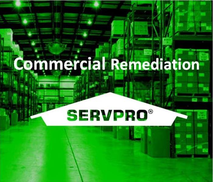 Image of a warehouse with SERVPRO Logo and text, Commercial Remediation